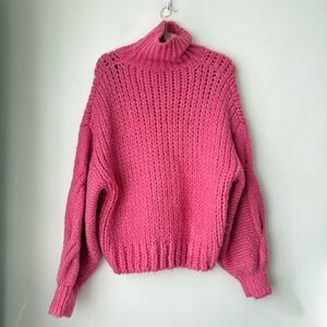 Bright Pink Oversized Chunky Knit Turtleneck Sweater M